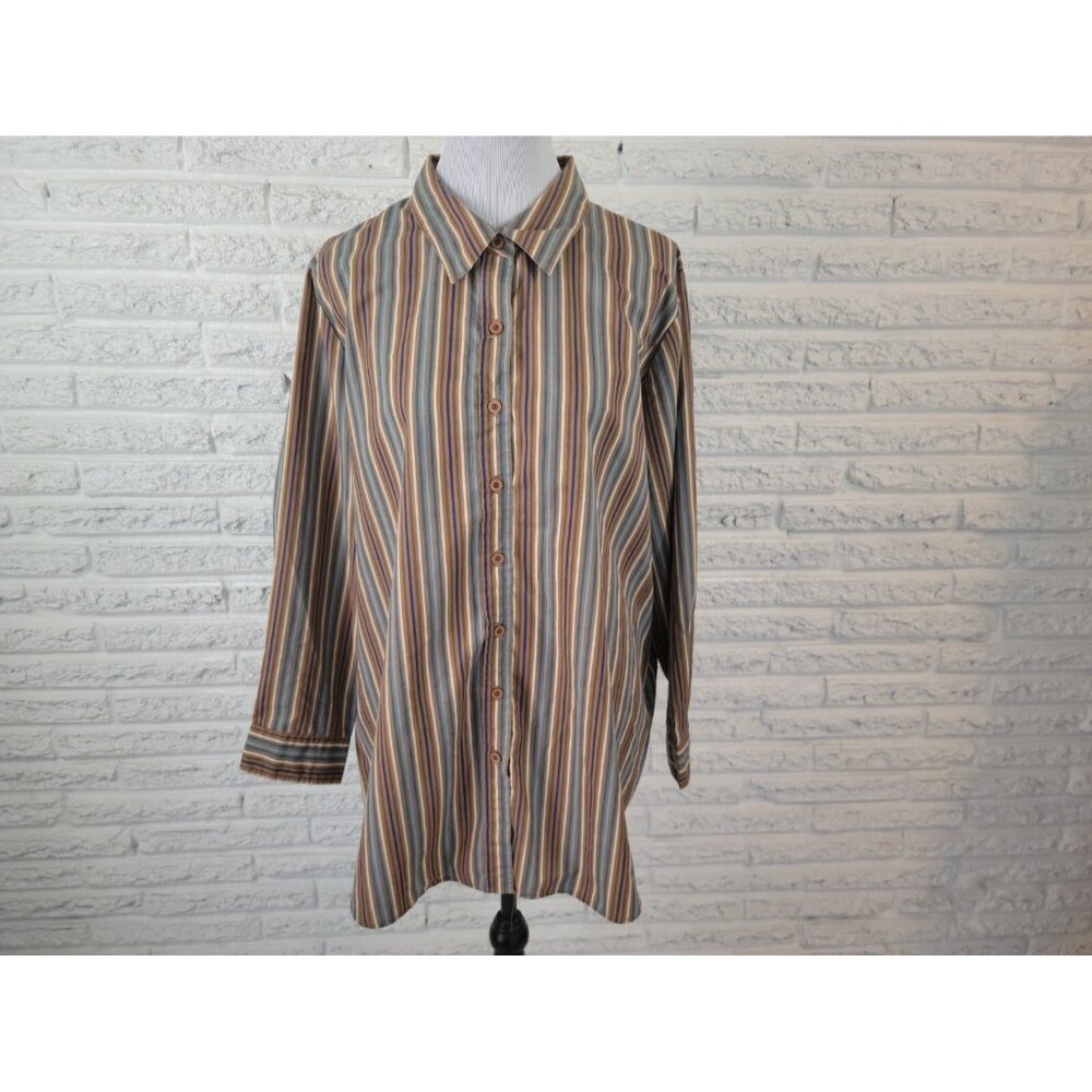 Roamans Womens Shirt 1X Plus Collar Button Up Brown Stripe Cotton Blend STR129E